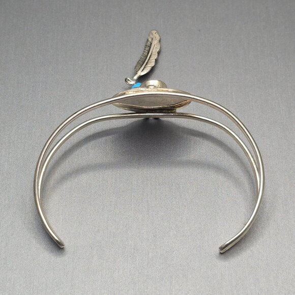VTG Southwestern Sterling Silver Bracelet 6.75" Crushed Turquoise Feather Charm - Picture 5 of 15